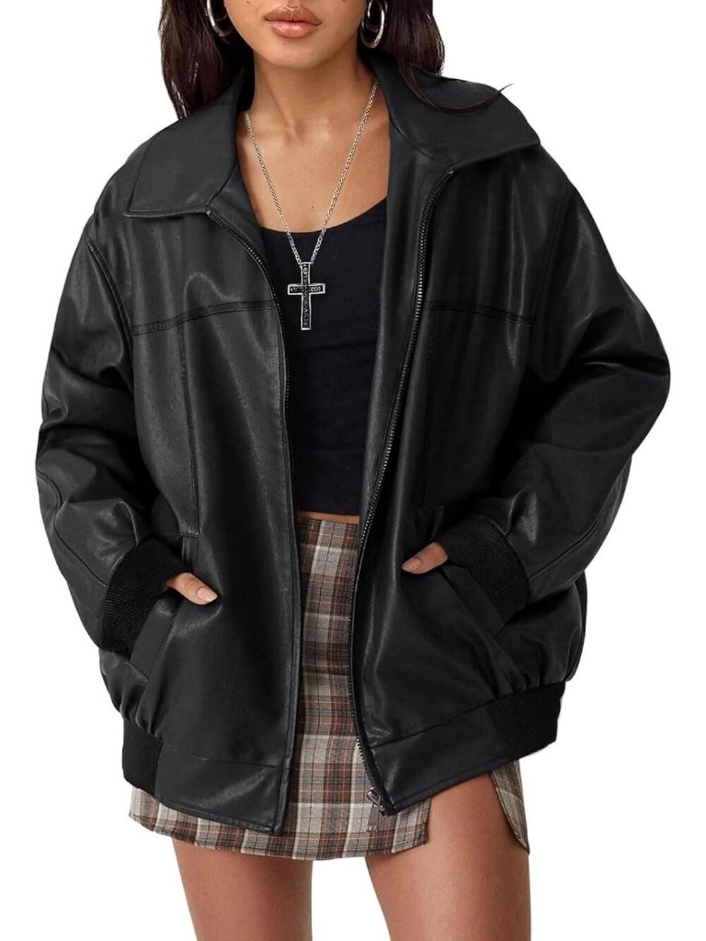 Women's Black Faux Leather Oversized ZIP Up Coat Moto Biker Bomber Jacket